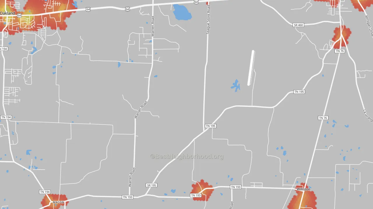 Walk Grade map of Hickory Withe, TN, walkable areas in green and car-dependent areas in red