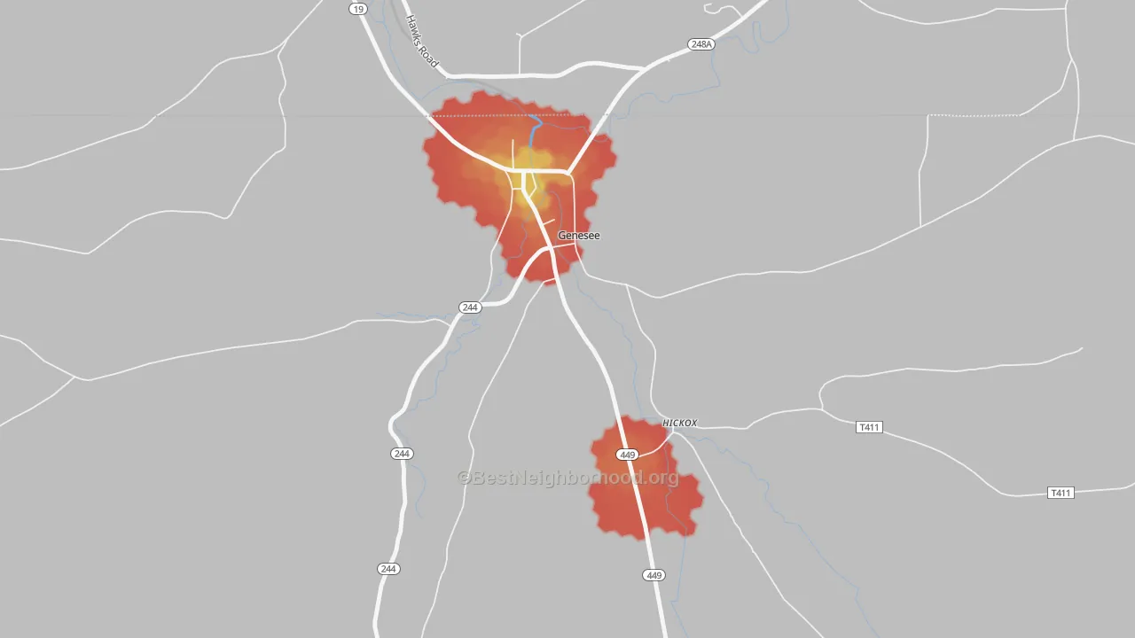 Walk Grade map of Hickox, PA, walkable areas in green and car-dependent areas in red