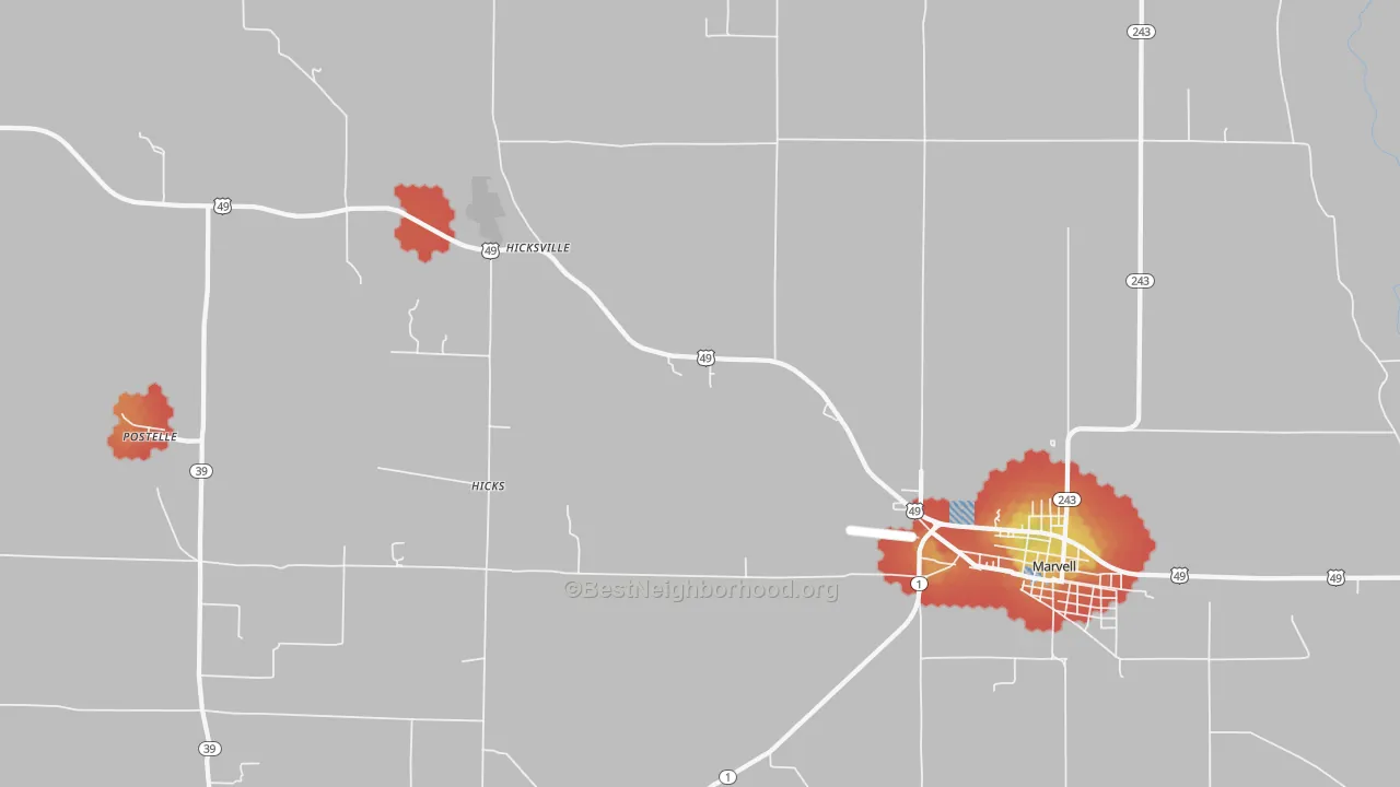 Walk Grade map of Hicks, AR, walkable areas in green and car-dependent areas in red