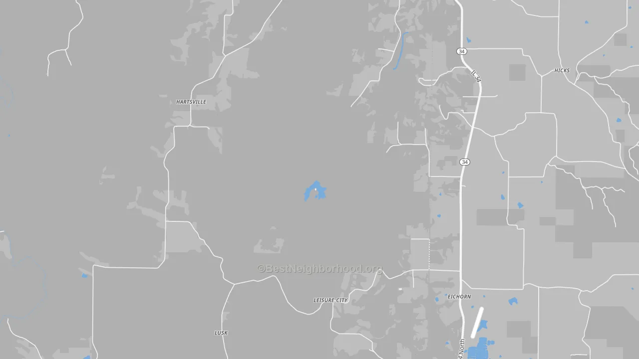 Walk Grade map of Hicks, IL, walkable areas in green and car-dependent areas in red