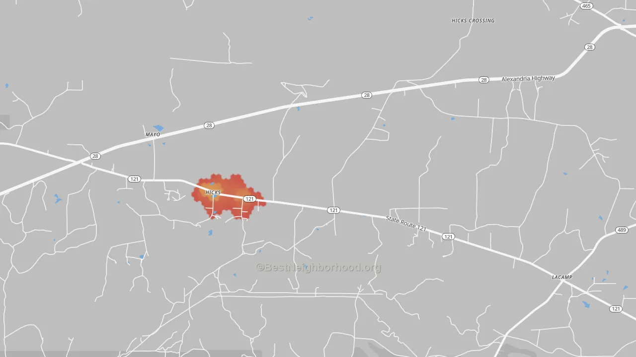 Walk Grade map of Hicks, LA, walkable areas in green and car-dependent areas in red
