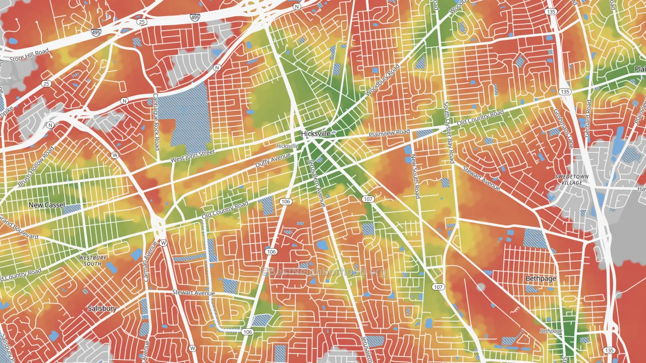 Walk Grade map of Hicksville, NY, walkable areas in green and car-dependent areas in red
