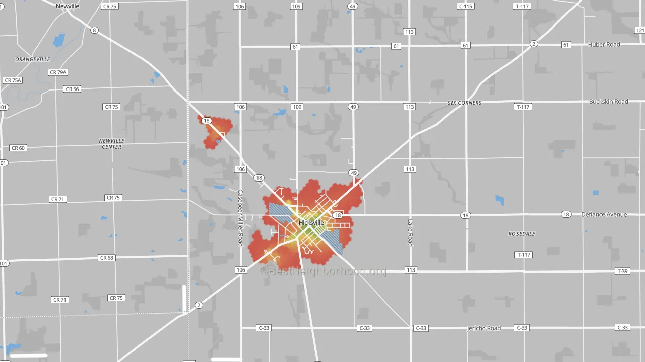 Walk Grade map of Hicksville, OH, walkable areas in green and car-dependent areas in red