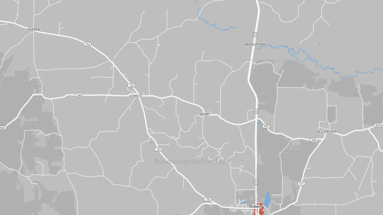Walk Grade map of Hico, LA, walkable areas in green and car-dependent areas in red