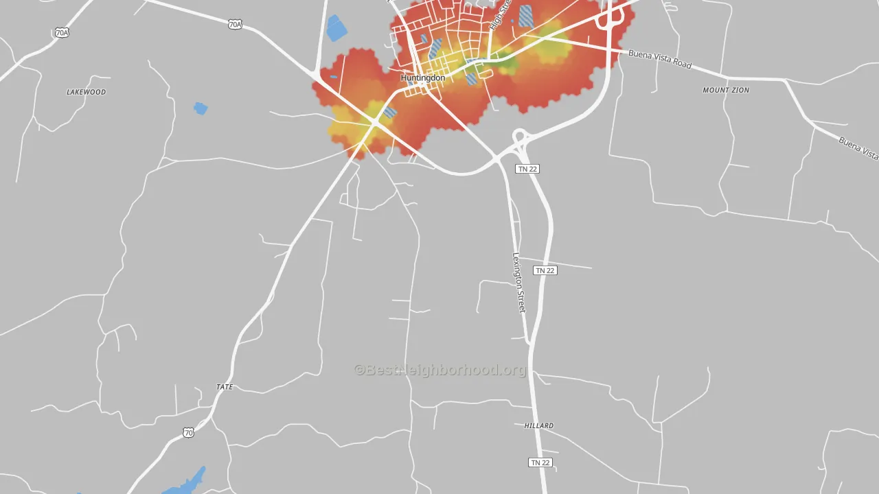 Walk Grade map of Hico, TN, walkable areas in green and car-dependent areas in red