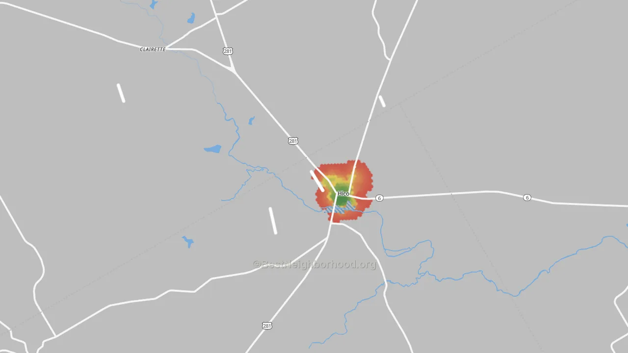 Walk Grade map of Hico, TX, walkable areas in green and car-dependent areas in red