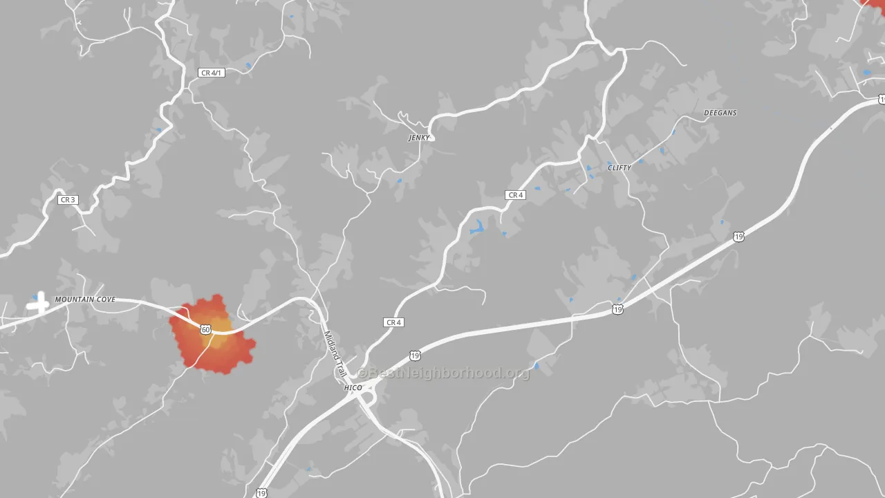 Walk Grade map of Hico, WV, walkable areas in green and car-dependent areas in red