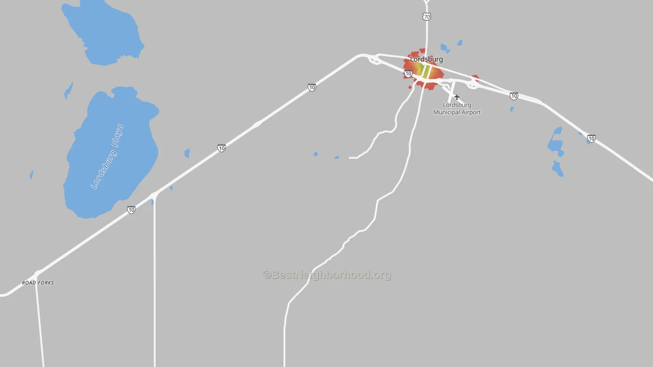 Walk Grade map of Hidalgo County, NM, walkable areas in green and car-dependent areas in red