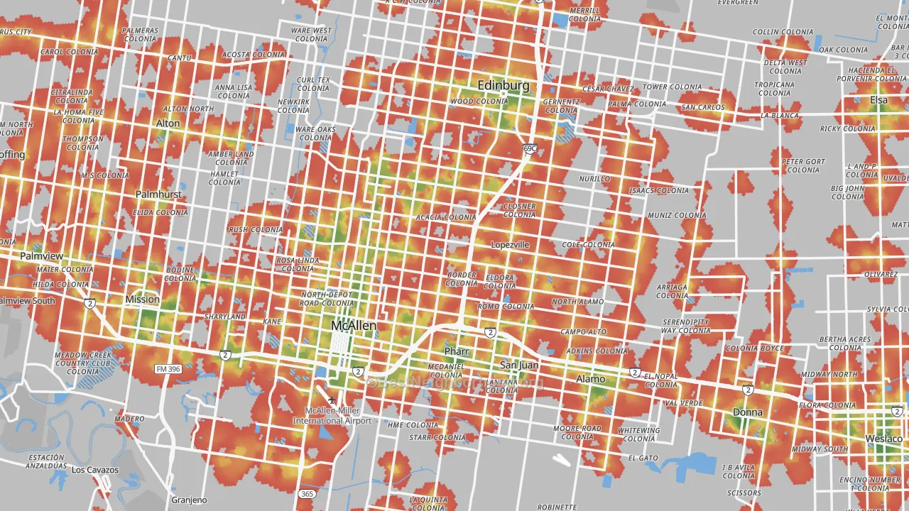 Walk Grade map of Hidalgo County, TX, walkable areas in green and car-dependent areas in red