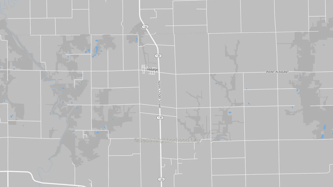 Walk Grade map of Hidalgo, IL, walkable areas in green and car-dependent areas in red