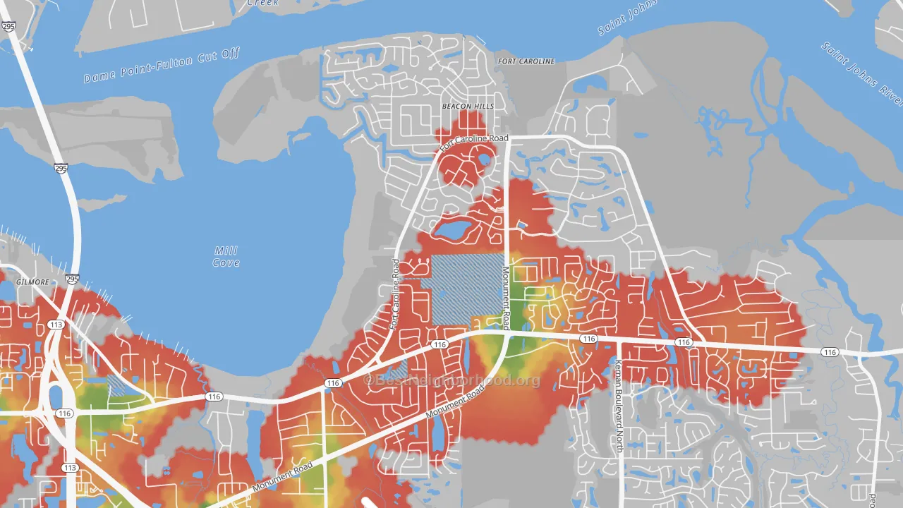 Walk Grade map of Hidden Hills, Jacksonville, FL, walkable areas in green and car-dependent areas in red