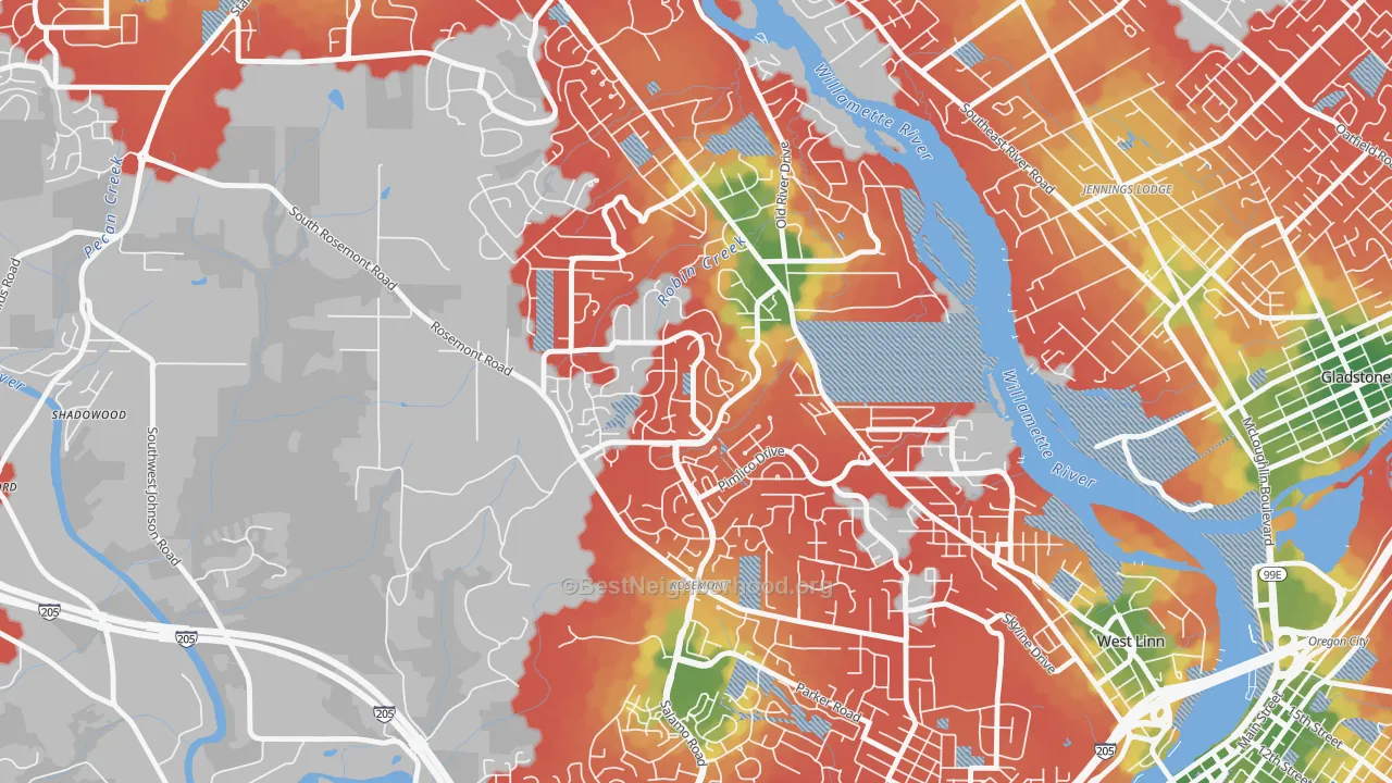 Walk Grade map of Hidden Springs, West Linn, OR, walkable areas in green and car-dependent areas in red