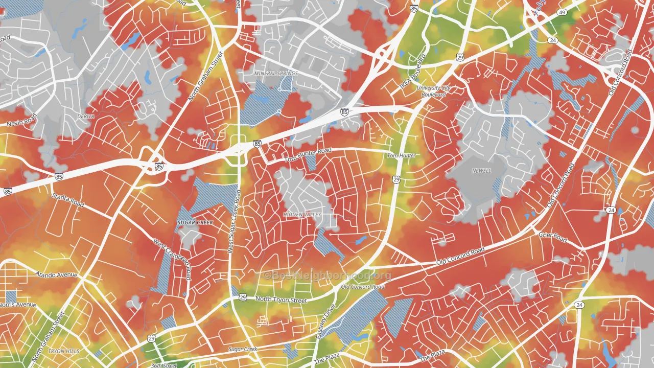 Walk Grade map of Hidden Valley, Charlotte, NC, walkable areas in green and car-dependent areas in red