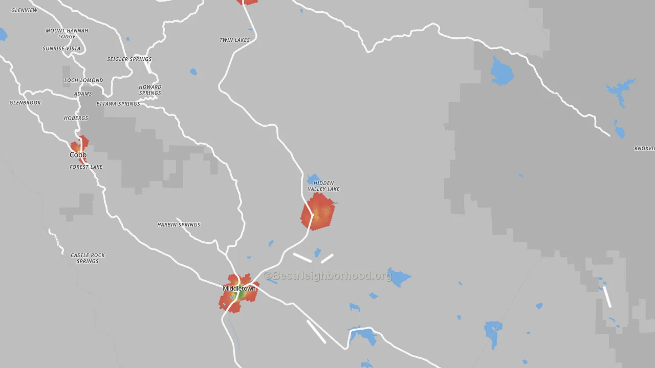 Walk Grade map of Hidden Valley Lake, CA, walkable areas in green and car-dependent areas in red
