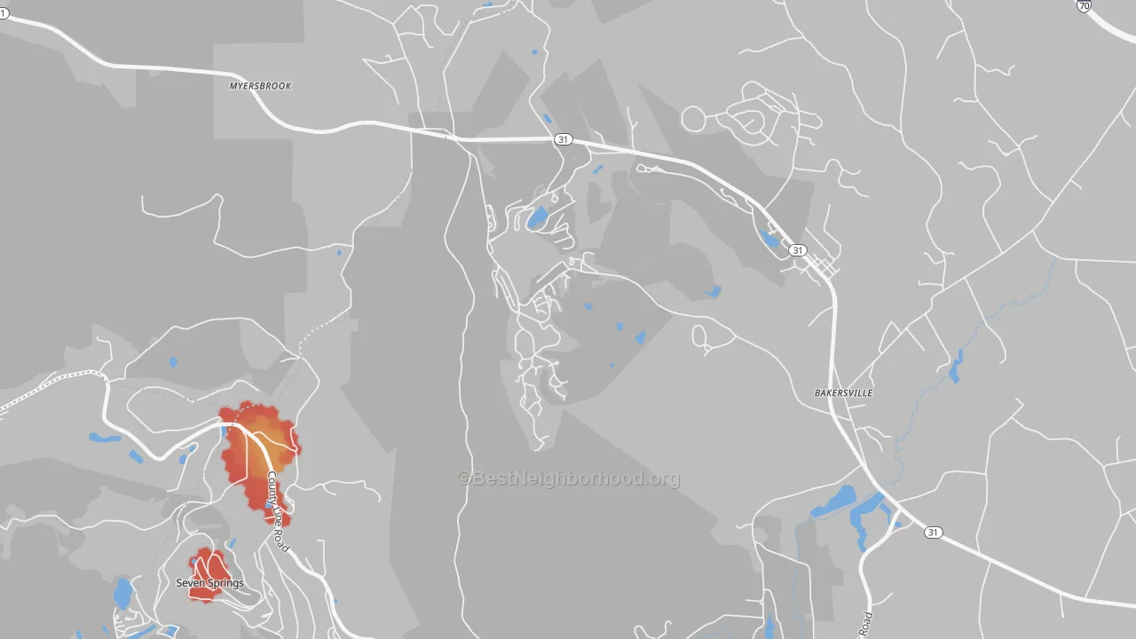 Walk Grade map of Hidden Valley, PA, walkable areas in green and car-dependent areas in red
