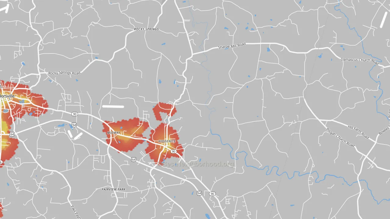 Walk Grade map of Hiddenite, NC, walkable areas in green and car-dependent areas in red