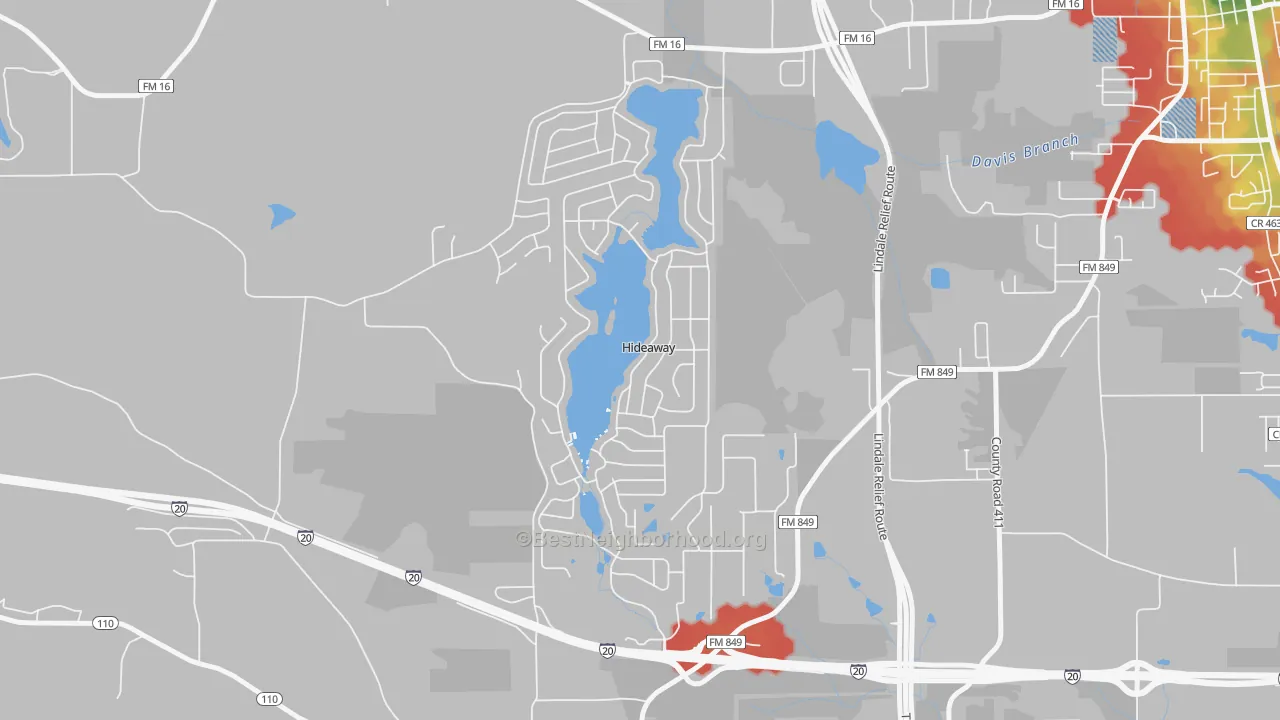 Walk Grade map of Hideaway, TX, walkable areas in green and car-dependent areas in red