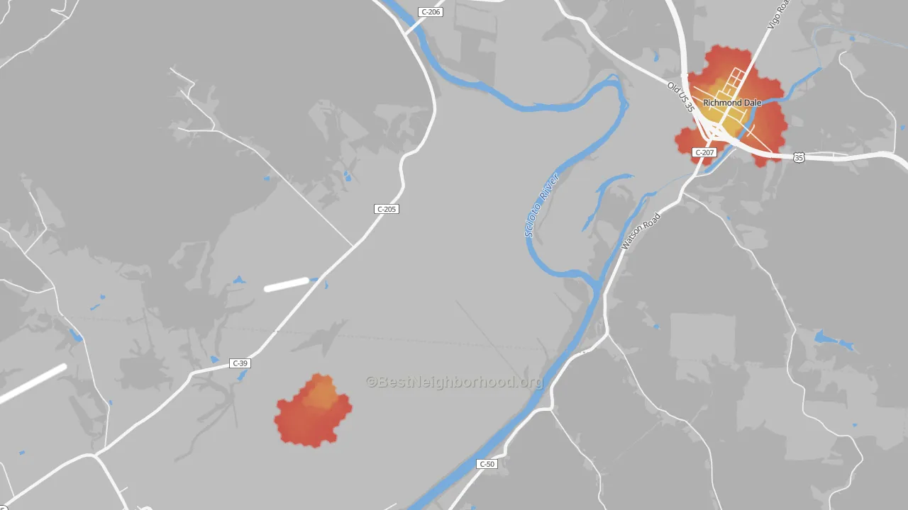 Walk Grade map of Higby, OH, walkable areas in green and car-dependent areas in red