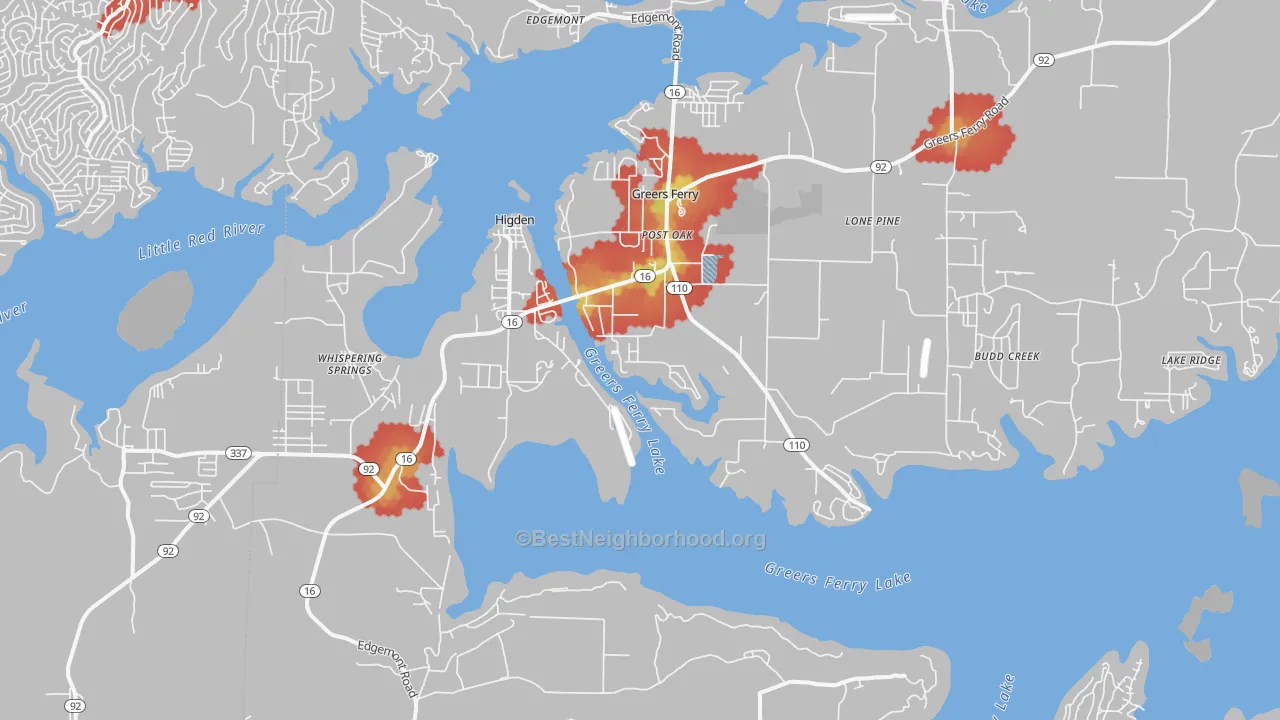 Walk Grade map of Higden, AR, walkable areas in green and car-dependent areas in red