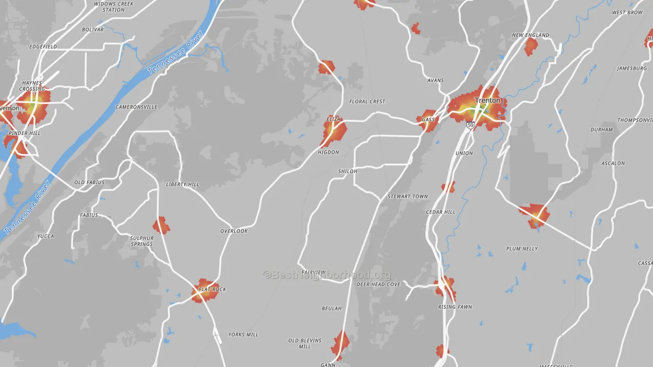 Walk Grade map of Higdon, AL, walkable areas in green and car-dependent areas in red