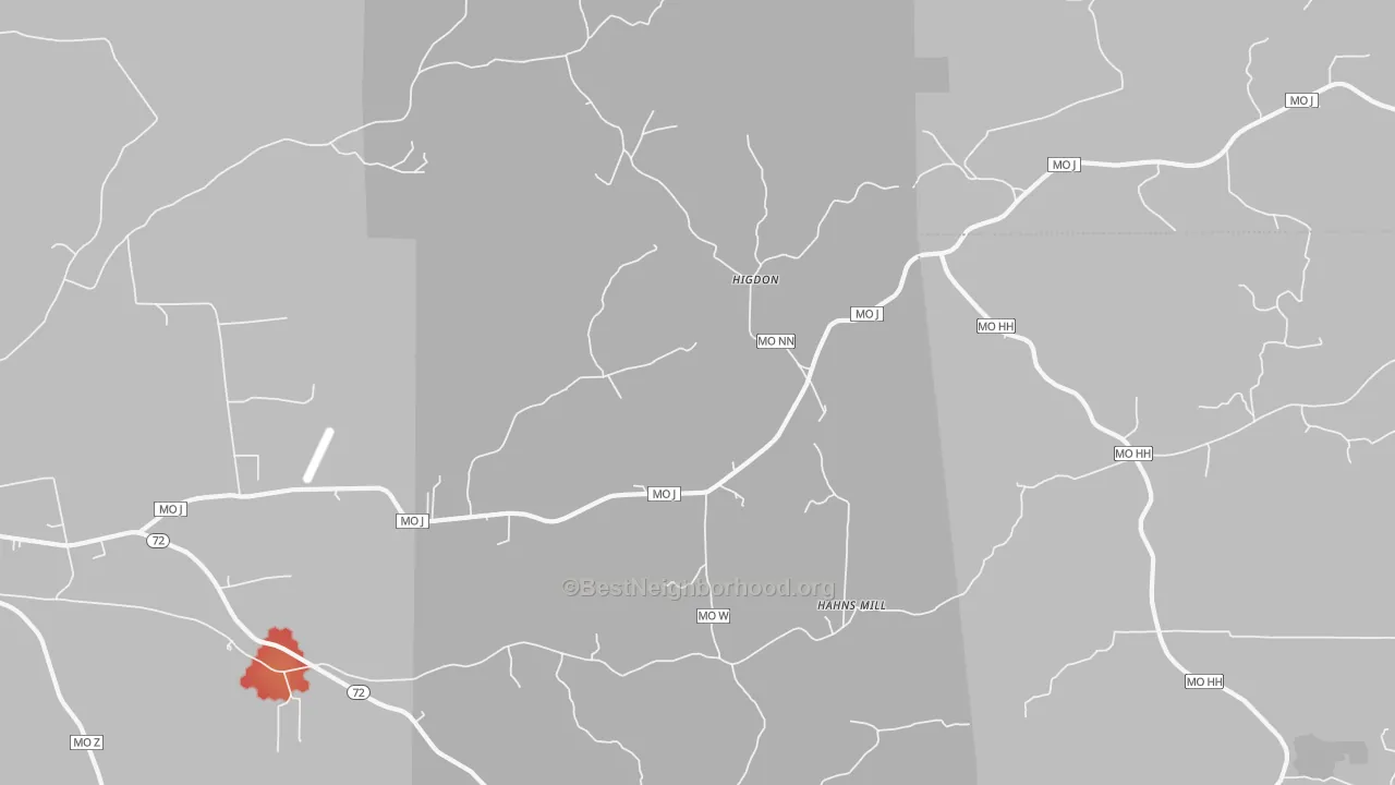 Walk Grade map of Higdon, MO, walkable areas in green and car-dependent areas in red