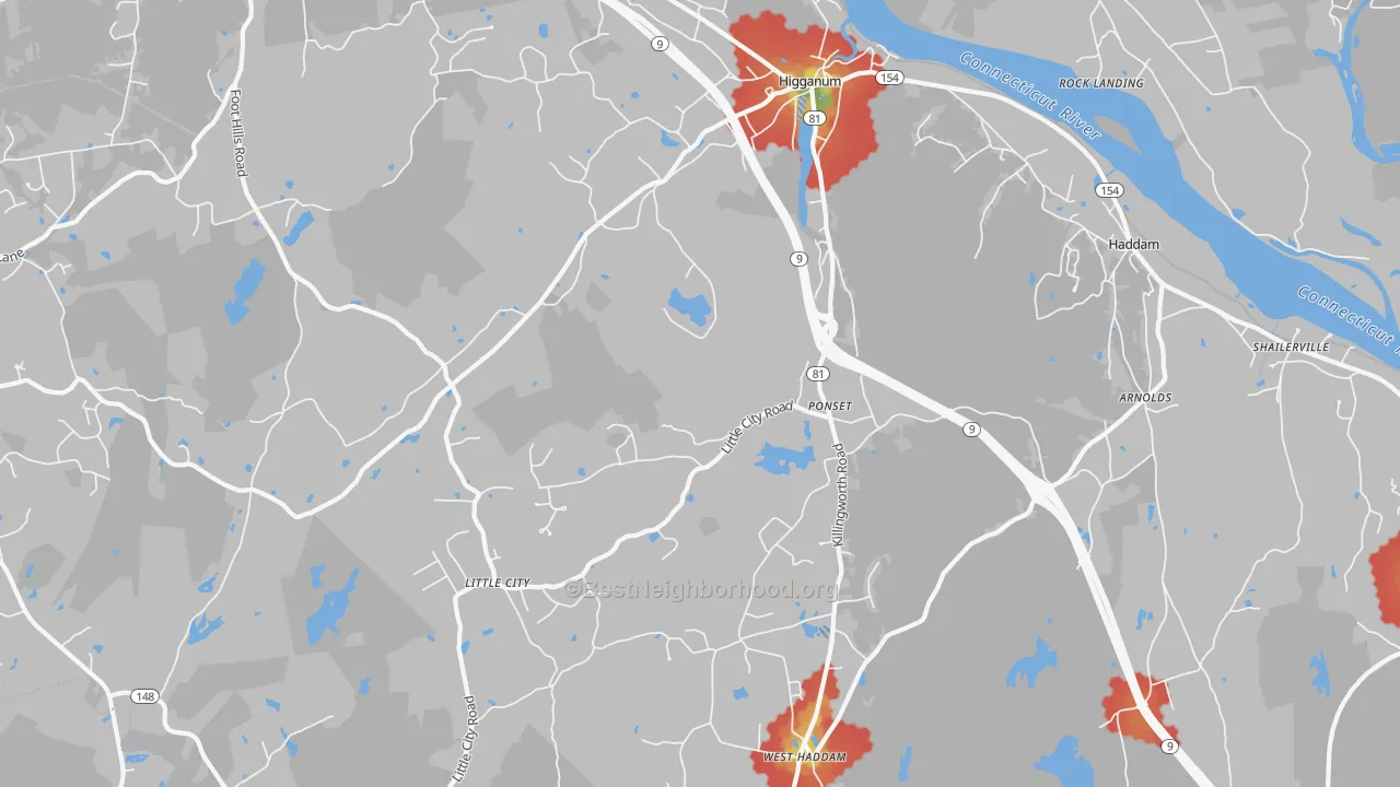 Walk Grade map of Higganum, CT, walkable areas in green and car-dependent areas in red