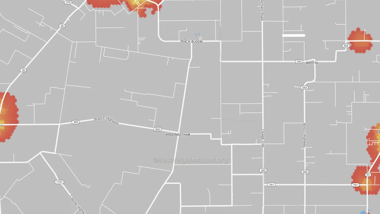 Walk Grade map of Higginbotham, LA, walkable areas in green and car-dependent areas in red