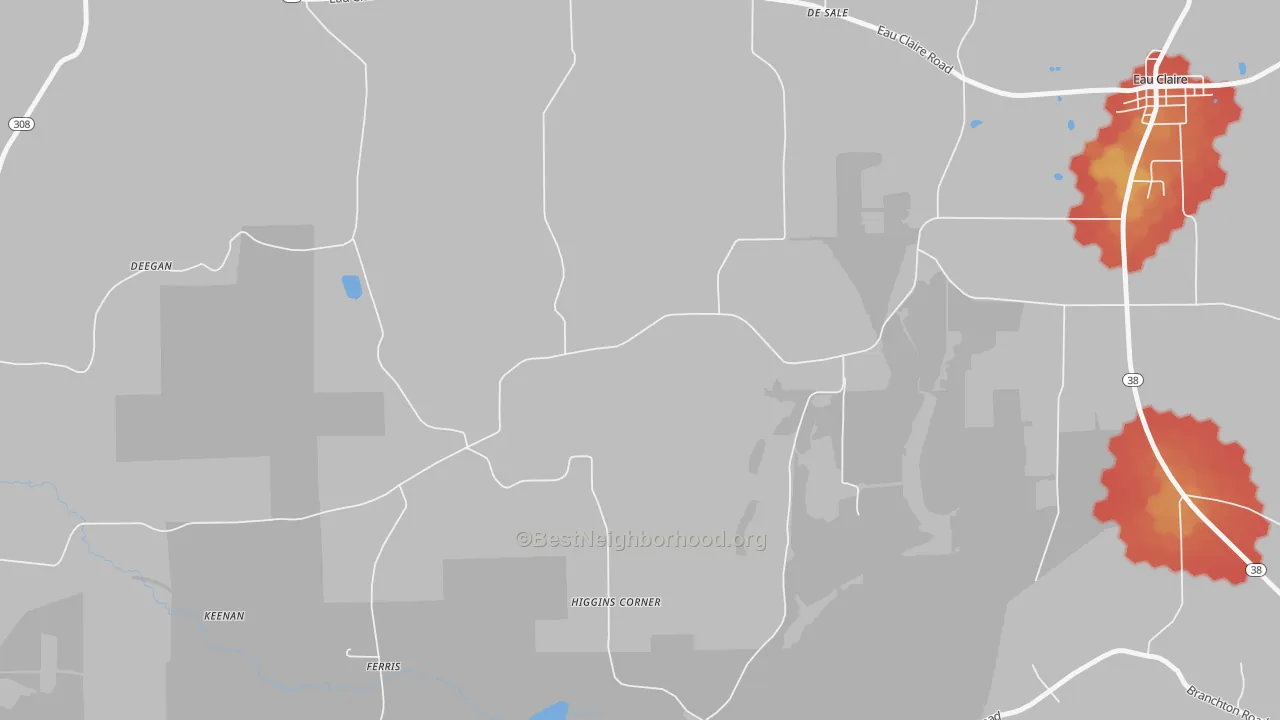Walk Grade map of Higgins Corners, PA, walkable areas in green and car-dependent areas in red