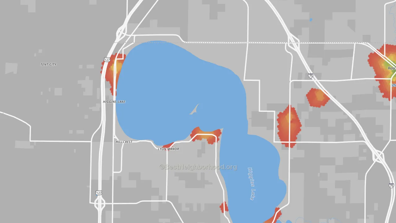 Walk Grade map of Higgins Lake, MI, walkable areas in green and car-dependent areas in red