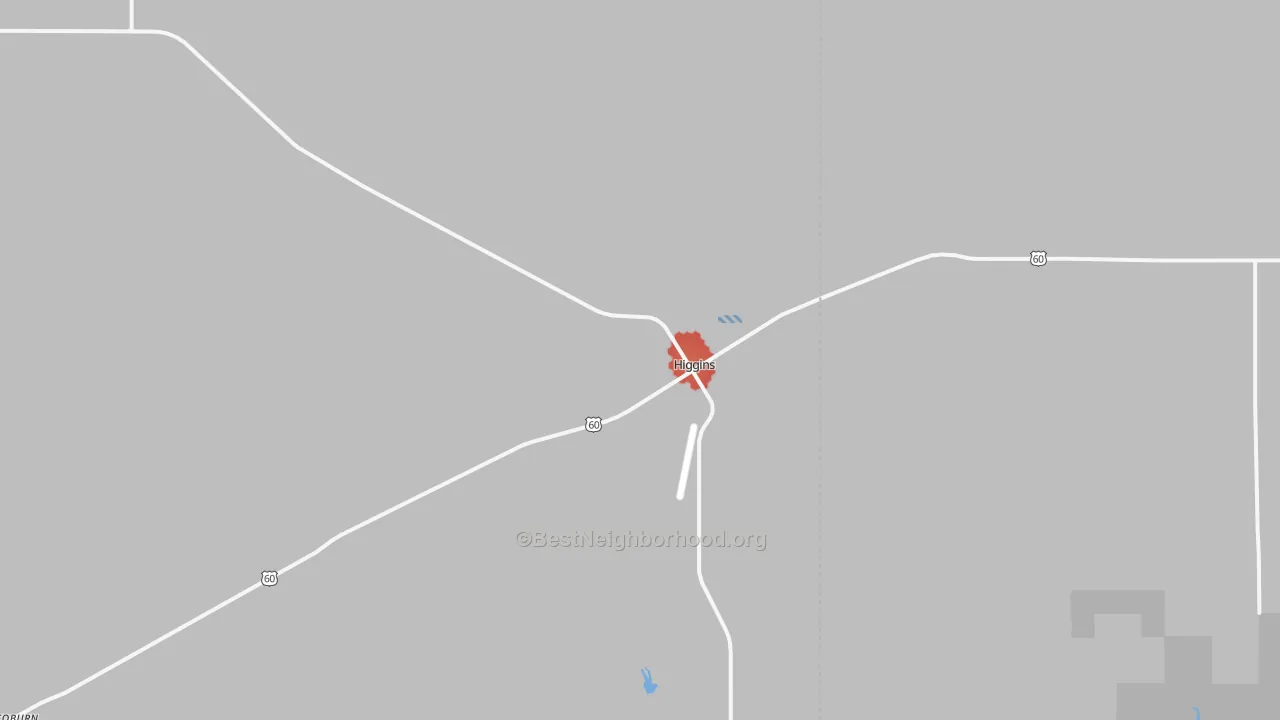 Walk Grade map of Higgins, TX, walkable areas in green and car-dependent areas in red