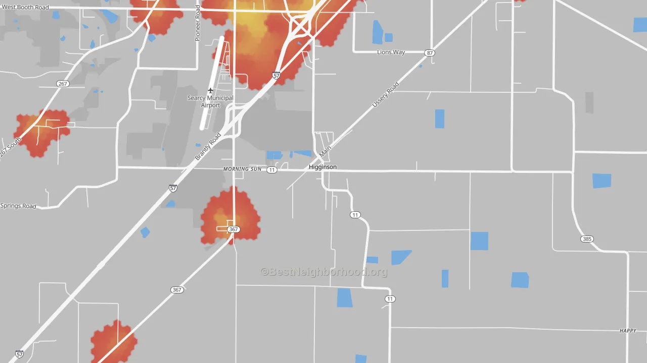 Walk Grade map of Higginson, AR, walkable areas in green and car-dependent areas in red