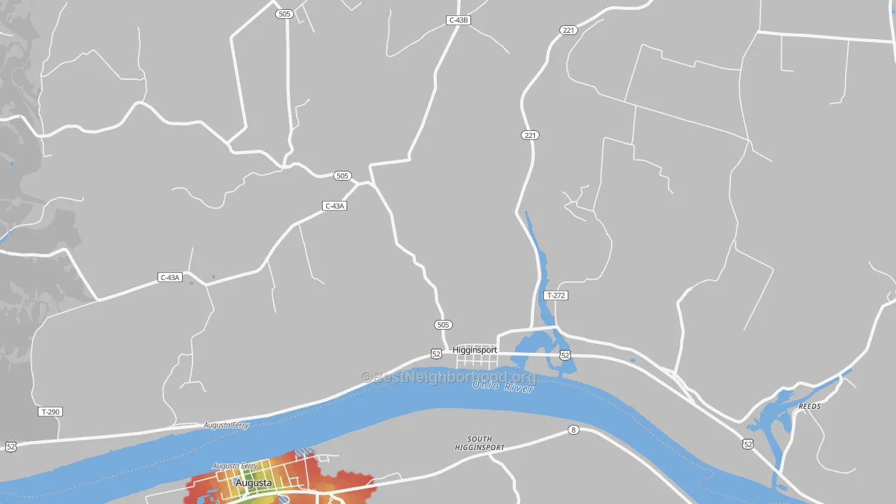 Walk Grade map of Higginsport, OH, walkable areas in green and car-dependent areas in red