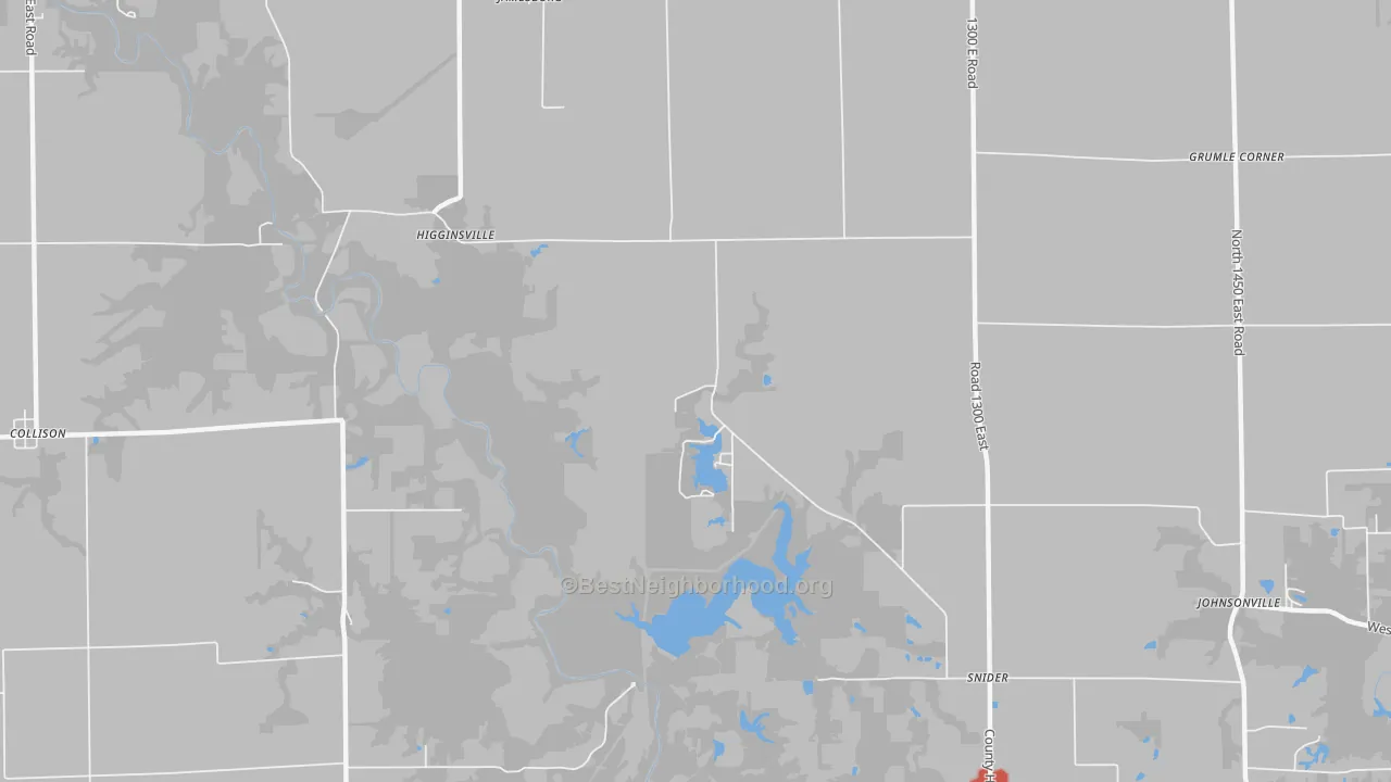Walk Grade map of Higginsville, IL, walkable areas in green and car-dependent areas in red