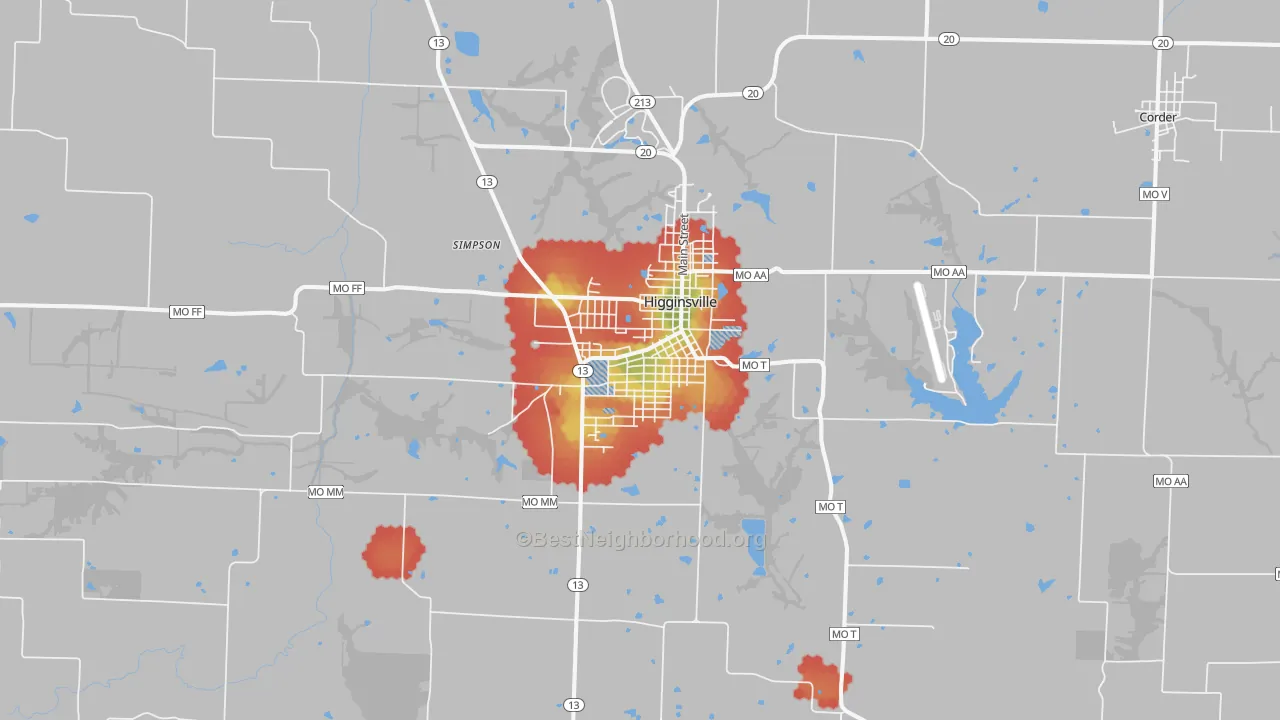 Walk Grade map of Higginsville, MO, walkable areas in green and car-dependent areas in red