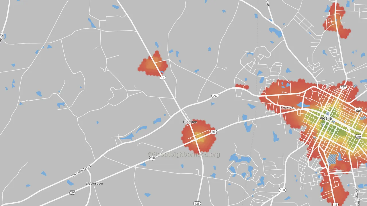 Walk Grade map of Higgston, GA, walkable areas in green and car-dependent areas in red