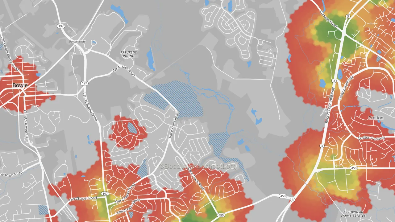 Walk Grade map of High Bridge Estates, MD, walkable areas in green and car-dependent areas in red