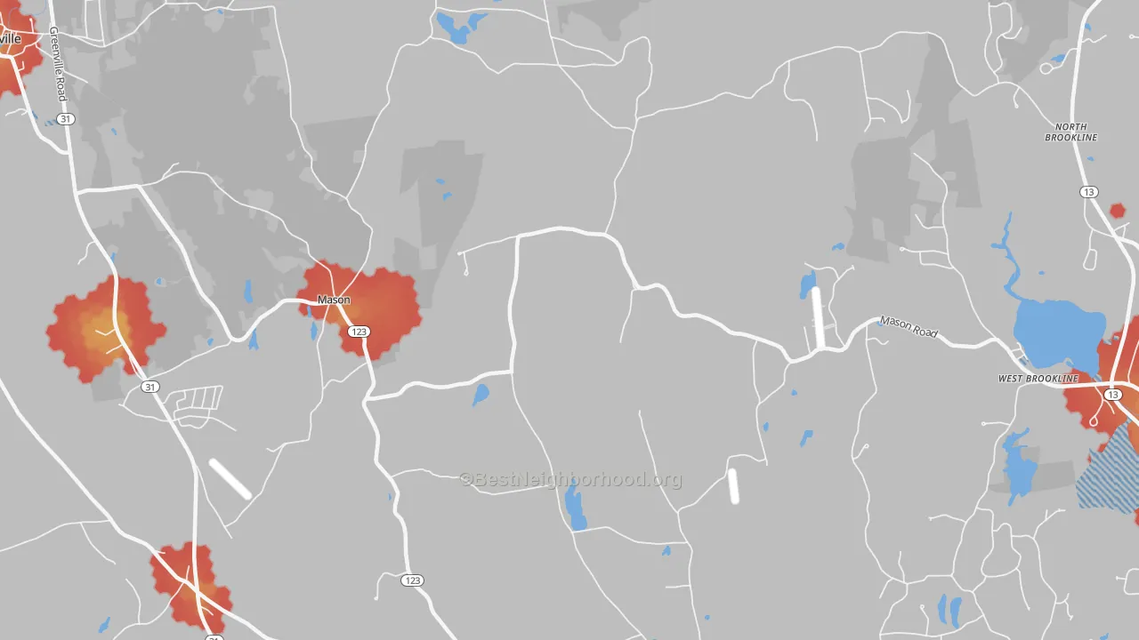 Walk Grade map of High Bridge, NH, walkable areas in green and car-dependent areas in red