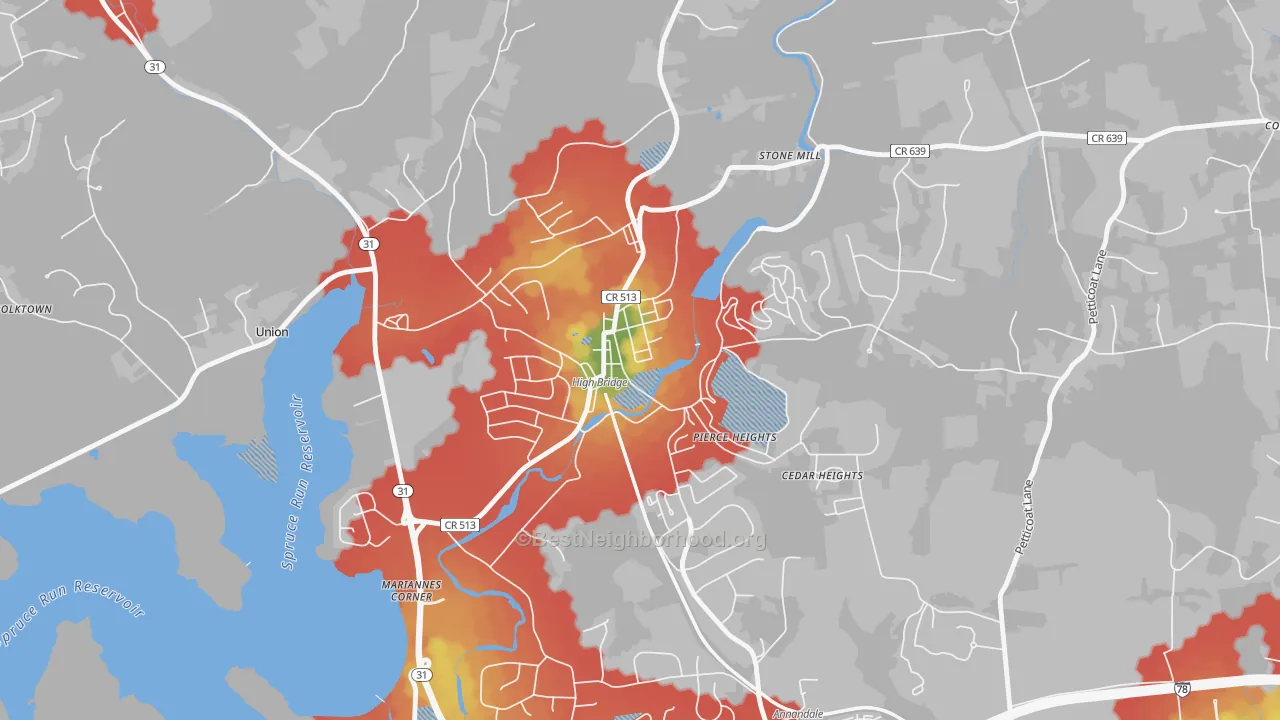 Walk Grade map of High Bridge, NJ, walkable areas in green and car-dependent areas in red