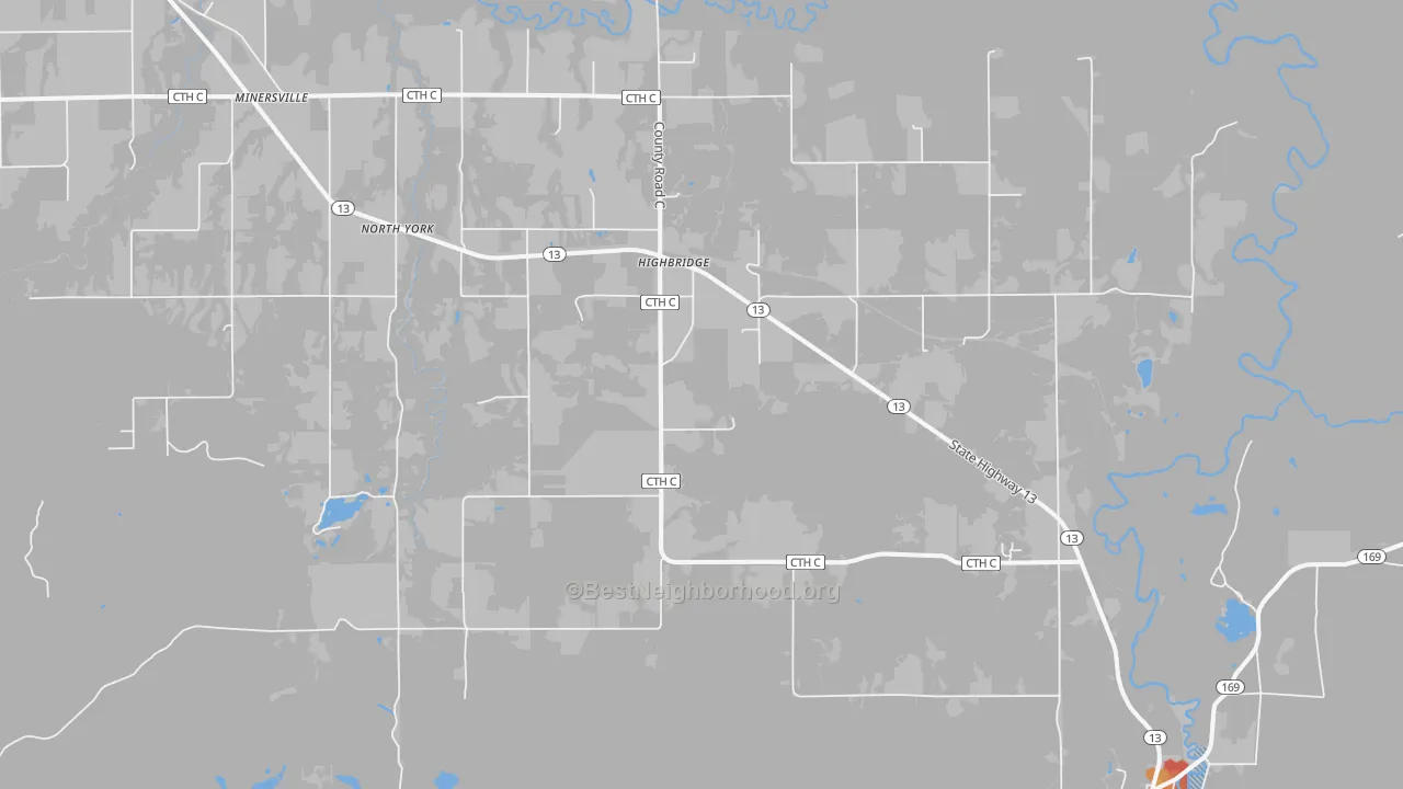 Walk Grade map of High Bridge, WI, walkable areas in green and car-dependent areas in red
