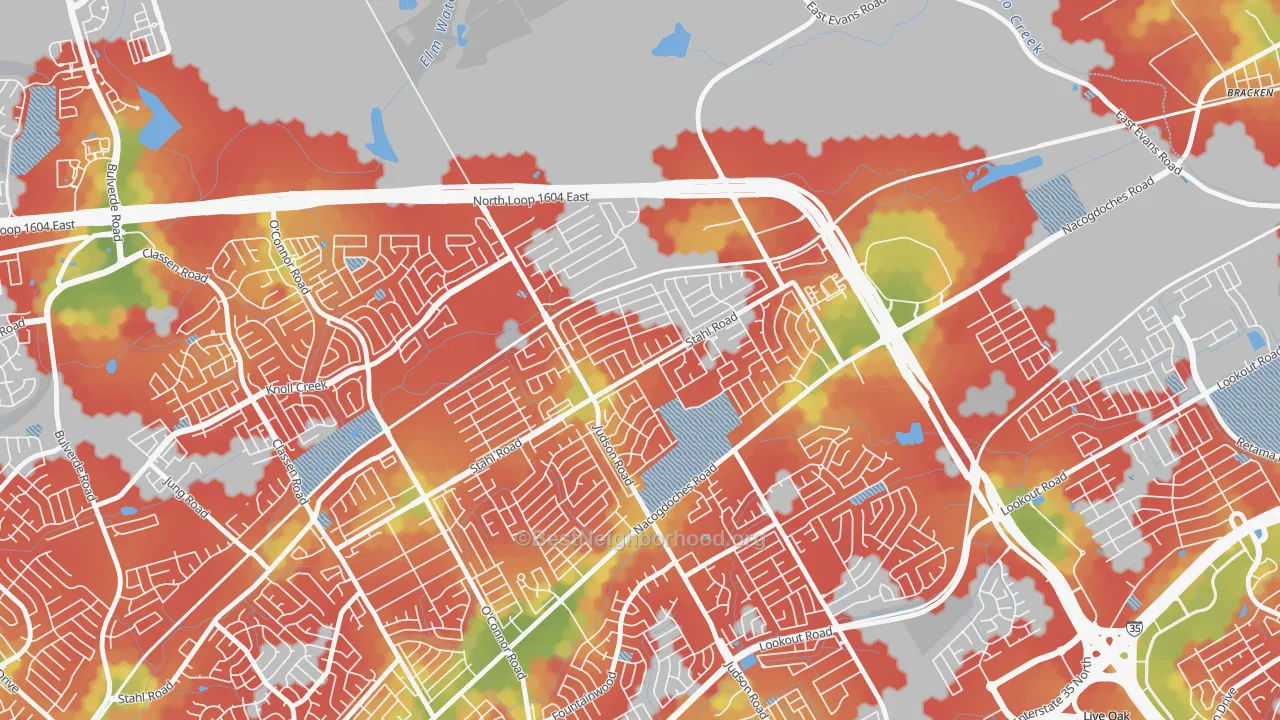 Walk Grade map of High Country, San Antonio, TX, walkable areas in green and car-dependent areas in red