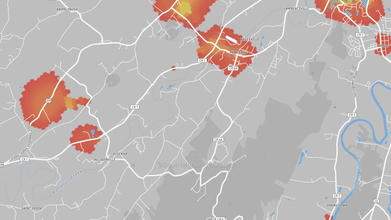 Walk Grade map of High Falls, NY, walkable areas in green and car-dependent areas in red