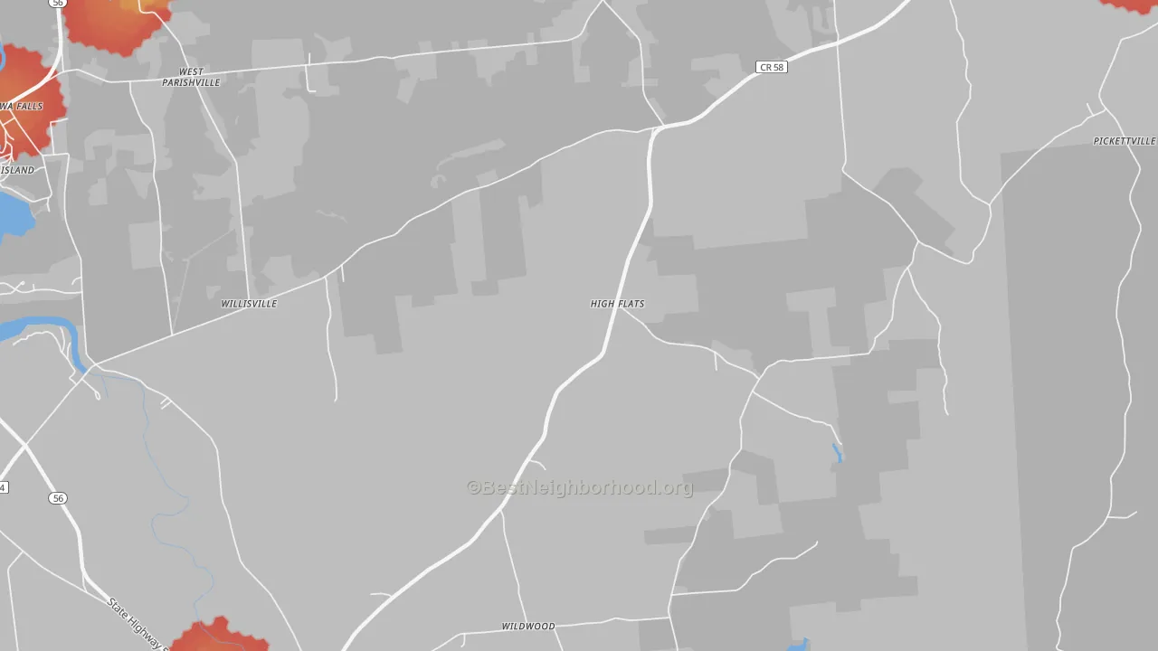 Walk Grade map of High Flats, NY, walkable areas in green and car-dependent areas in red