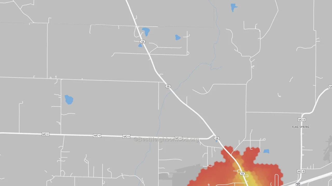 Walk Grade map of High Gate, MO, walkable areas in green and car-dependent areas in red