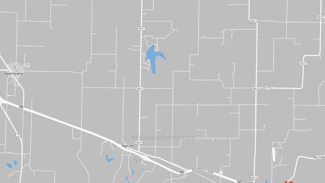 Walk Grade map of High Hill, MO, walkable areas in green and car-dependent areas in red