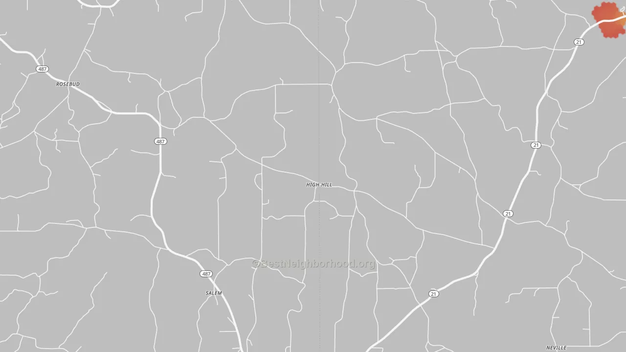 Walk Grade map of High Hill, MS, walkable areas in green and car-dependent areas in red