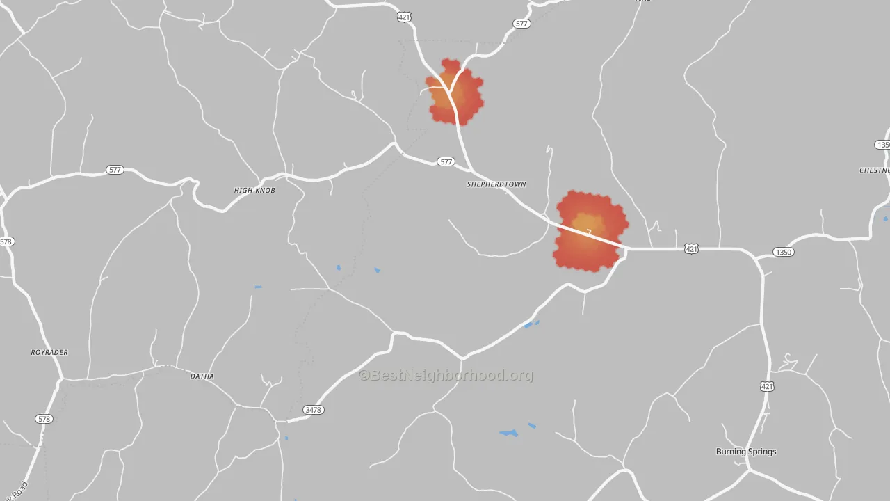 Walk Grade map of High Knob, KY, walkable areas in green and car-dependent areas in red
