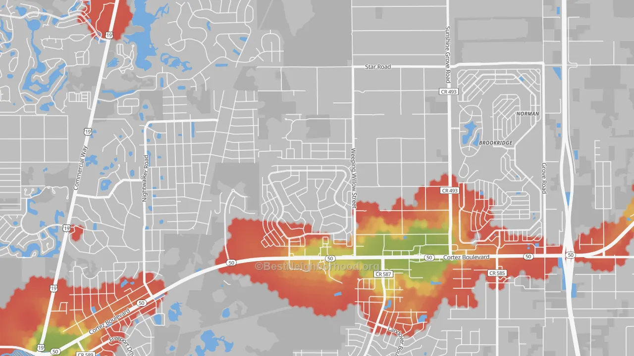 Walk Grade map of High Point, FL, walkable areas in green and car-dependent areas in red