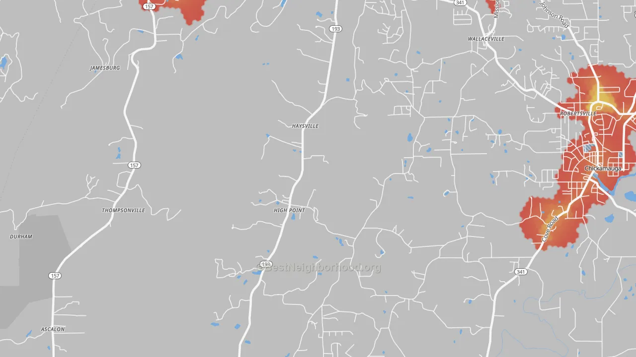 Walk Grade map of High Point, GA, walkable areas in green and car-dependent areas in red