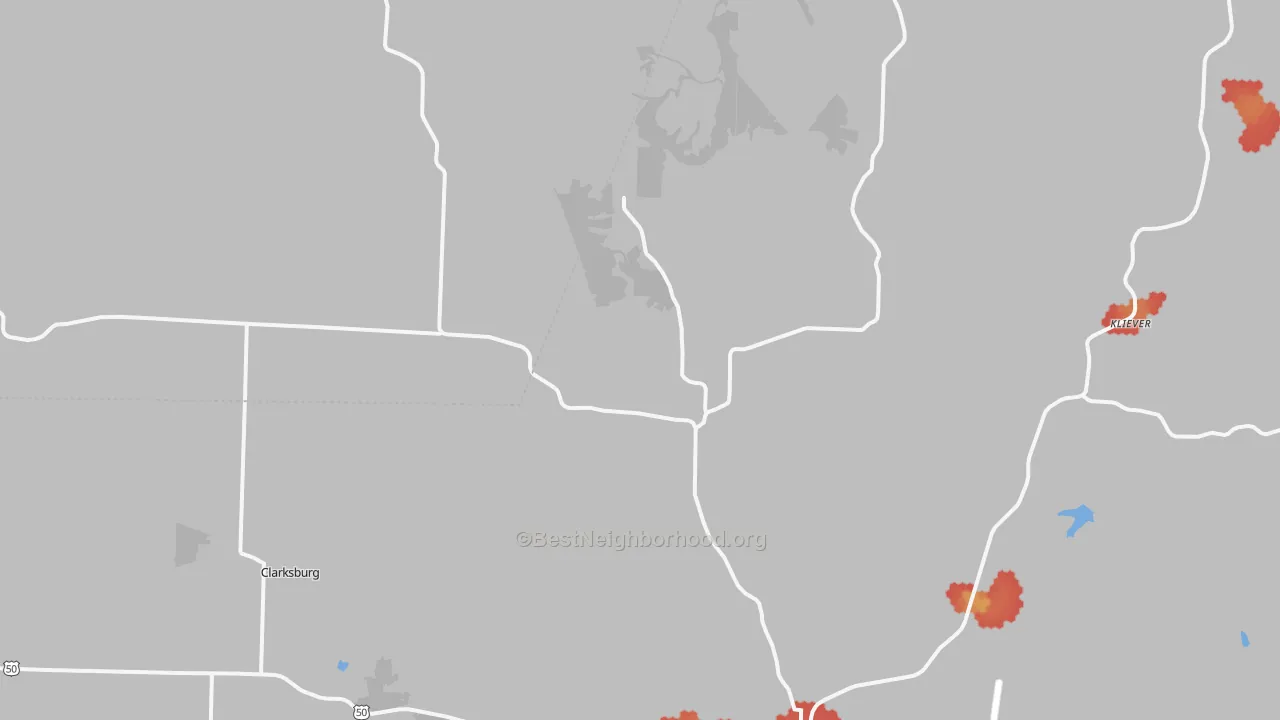 Walk Grade map of High Point, MO, walkable areas in green and car-dependent areas in red