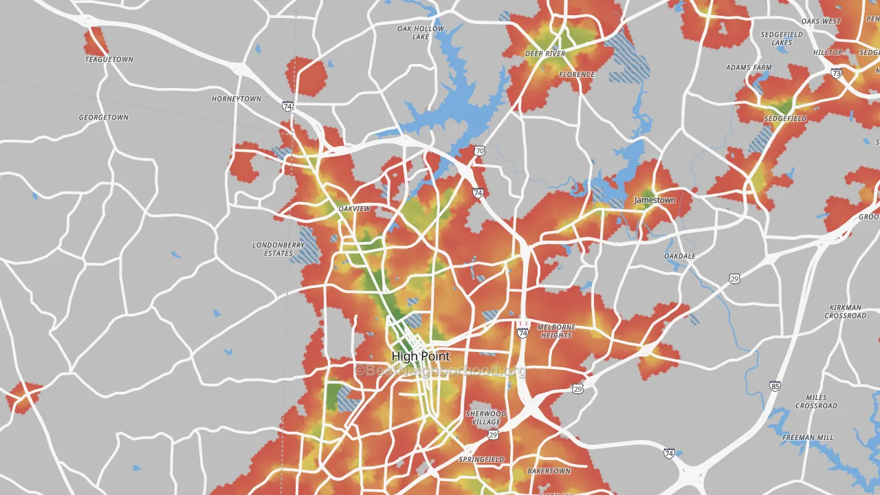 Walk Grade map of High Point, NC, walkable areas in green and car-dependent areas in red